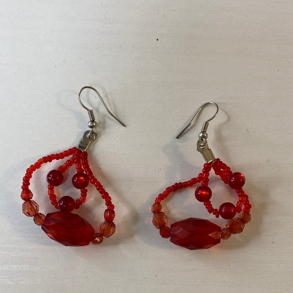 Red Beaded Dangle Earrings